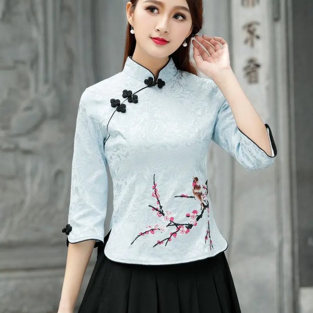 New set of 2 - Solid Wide Leg Pant &Top Vintage Ethnic Collar Jacquard Tang Suit